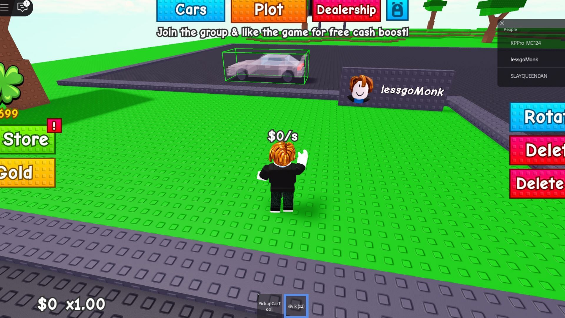 Placing a car in the plot (Image via Roblox)